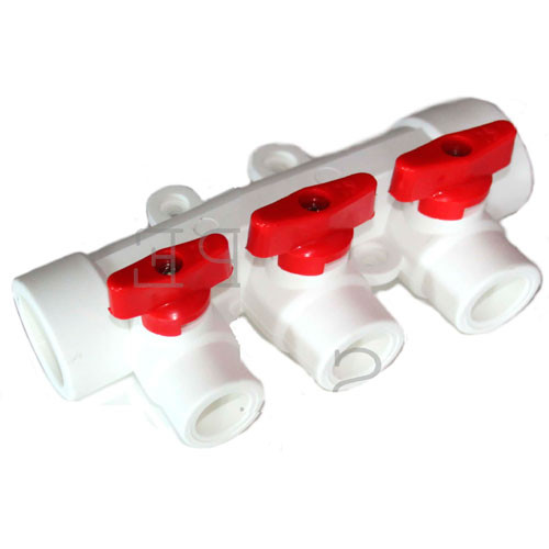 Коллектор полипропиленовый с кранами 32 мм на 3 выхода (красные ручки) Millenium
